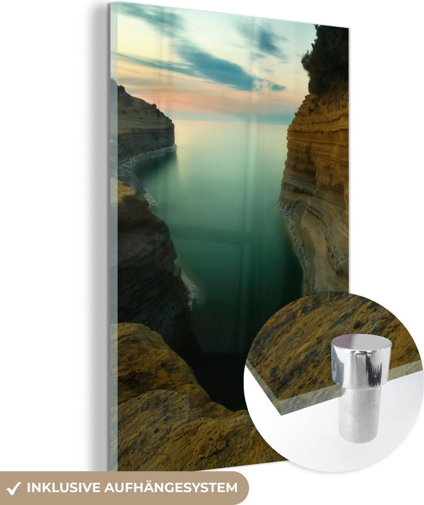 MuchoWow Glasbilder - Bilder auf Wandbild - Foto auf Glas Felsen - Wasser - Landschaft - Blau 40x60 cm Wanddekoration aus Glas - Acrylglasbild - Ac...
