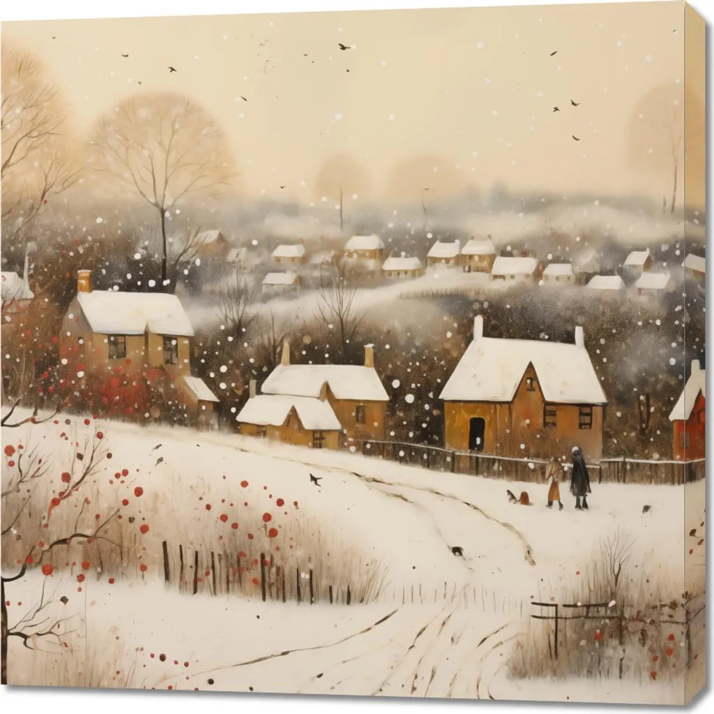 Décoration Murale Salon Village sous la Neige - Tableau 90x90 cm