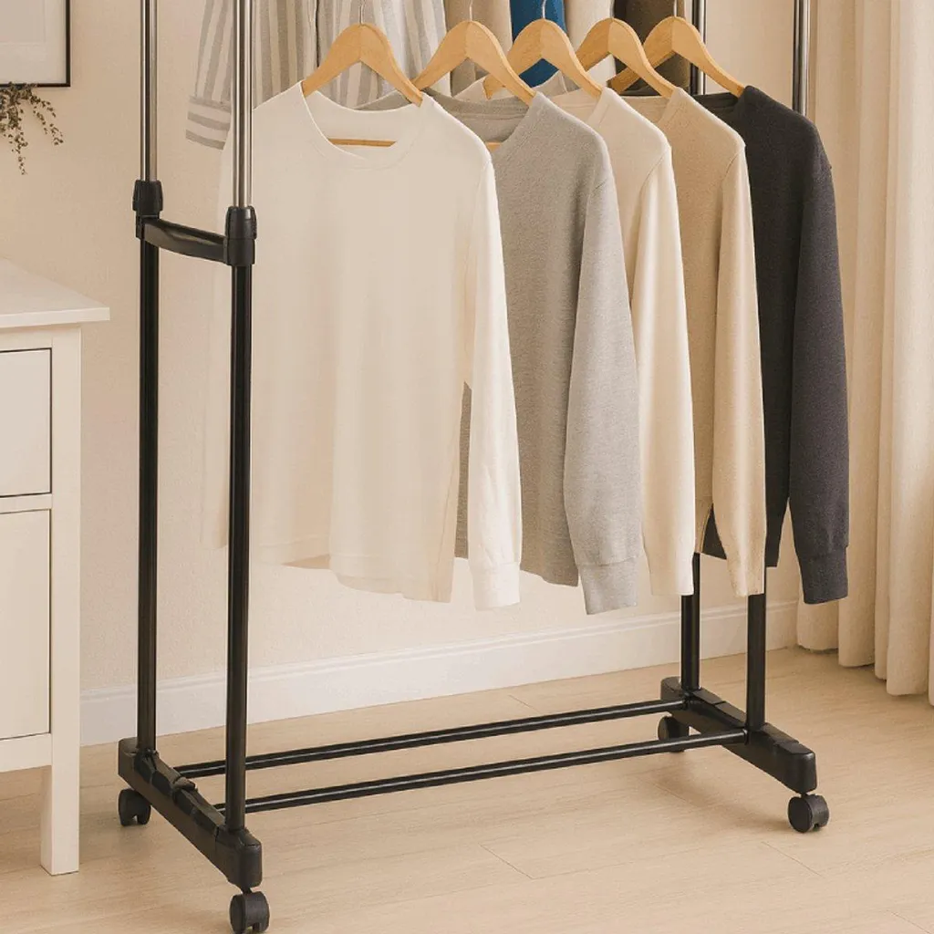 Appendiabiti A Doppia Asta Simple Houseware - Standard, Struttura In Acciaio, Nero, Larghezza Regolabile Da 77,5 A 122 Cm, Altezza 149 Cm