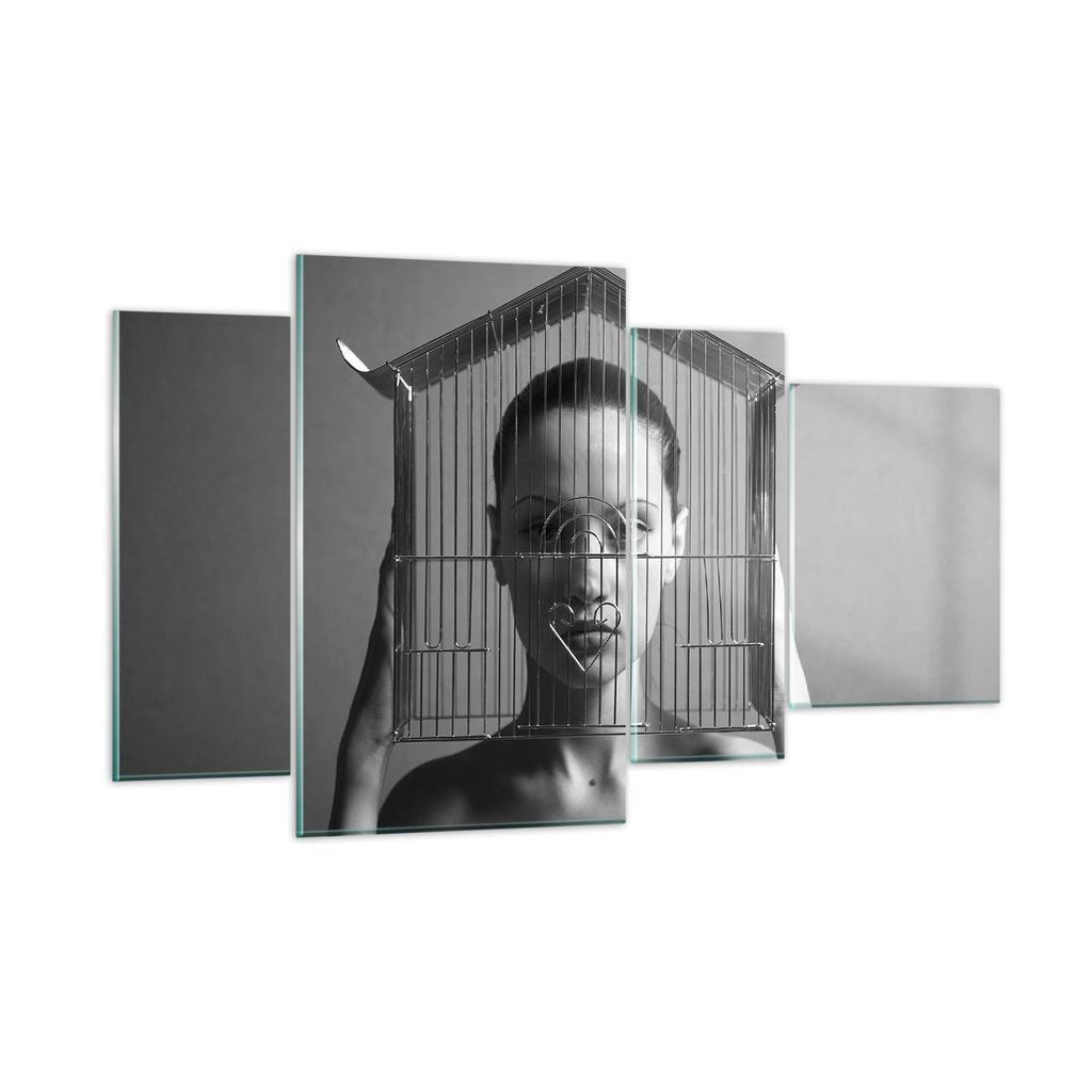 Bilder auf glas - 4 Teile - Schwarzweiß Frau Käfig - 120x70cm - Glasbilder - Wandbilder - Bilder - zum Aufhängen bereit - Wanddekoration aus Gla...