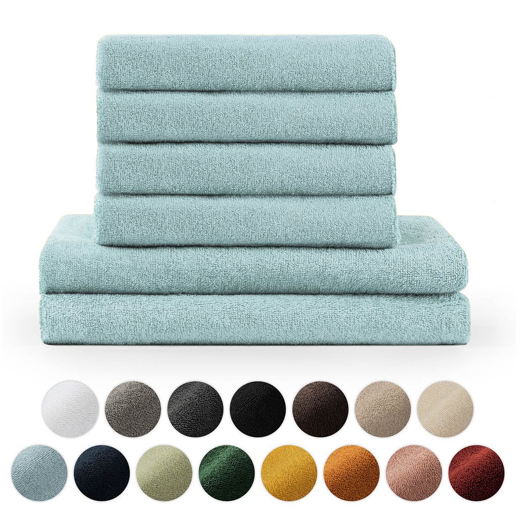 A stack of light blue towels on a white background, with a row of color swatches below.