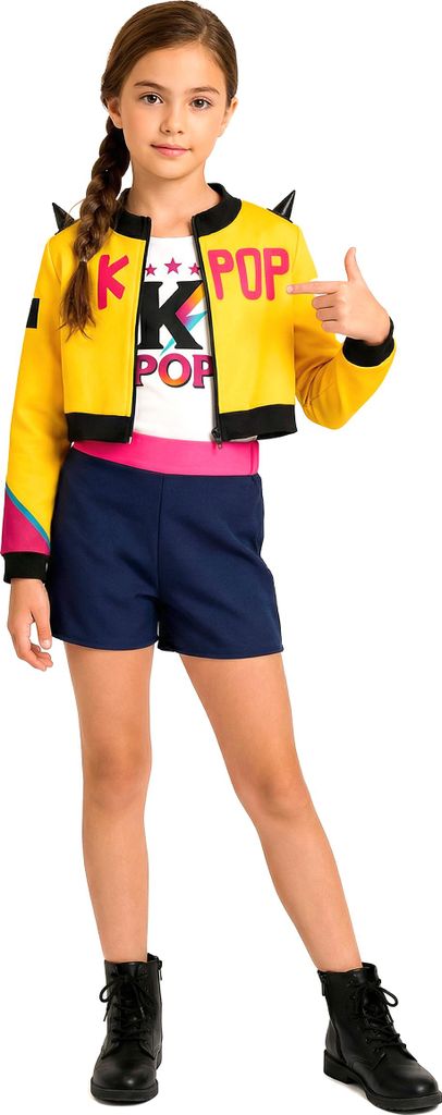 Kpop Star Mädchenkostüm gelb-schwarz-pink-blau - 110/116 Produktbild 