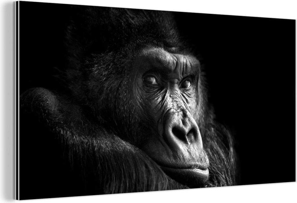 MuchoWow Wanddekoration Metall Metallbild Wandkunst 120x60 cm Gorilla - Affe - Schwarz - Weiß - Porträt MuchoWow Aluminium Gemälde - Metalbilder