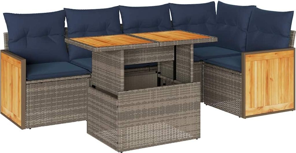 6-tlg. Garten-Sofagarnitur mit Kissen Grau Poly Rattan Akazie