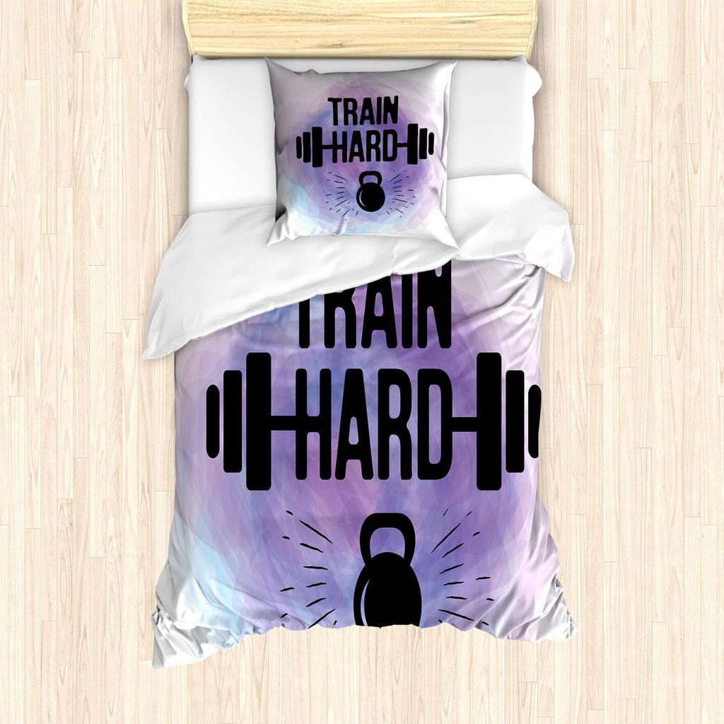 ABAKUHAUS Fitness Bettbezug Set, Watercolors Style trainieren hart Leben Nachricht Kettlebell und Barbell, 135 x 200 cm + 80 x 80 cm, Lavendel Blas...
