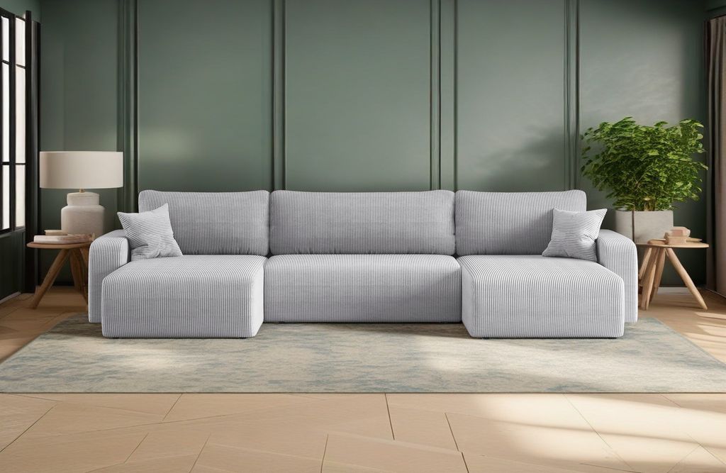 Kaiser Möbel Ecksofa mit schlaffunktion und bettkasten, Sofa U-form, Couch U-form MILANO Dicker Cord Grau