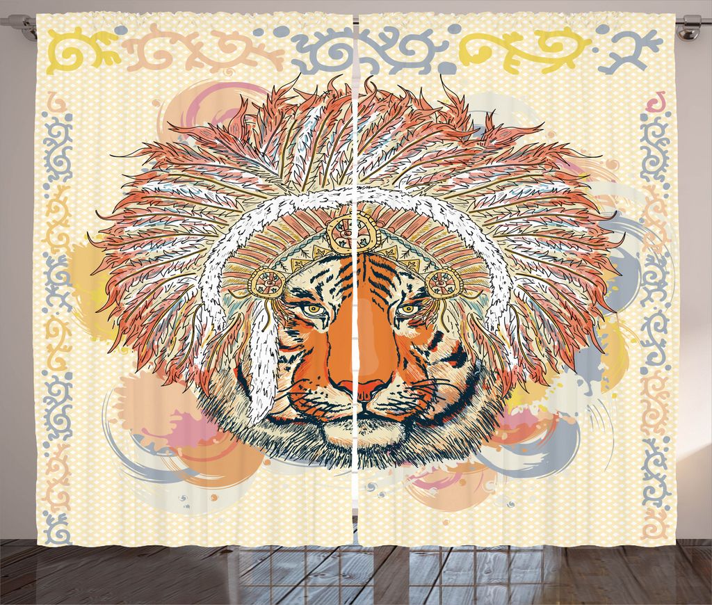 ABAKUHAUS Stammes Rustikaler Vorhang, Safari Wild Tiger, Wohnzimmer Universalband Gardinen mit Schlaufen und Haken, 280 x 245 cm, Orange Pfirsich