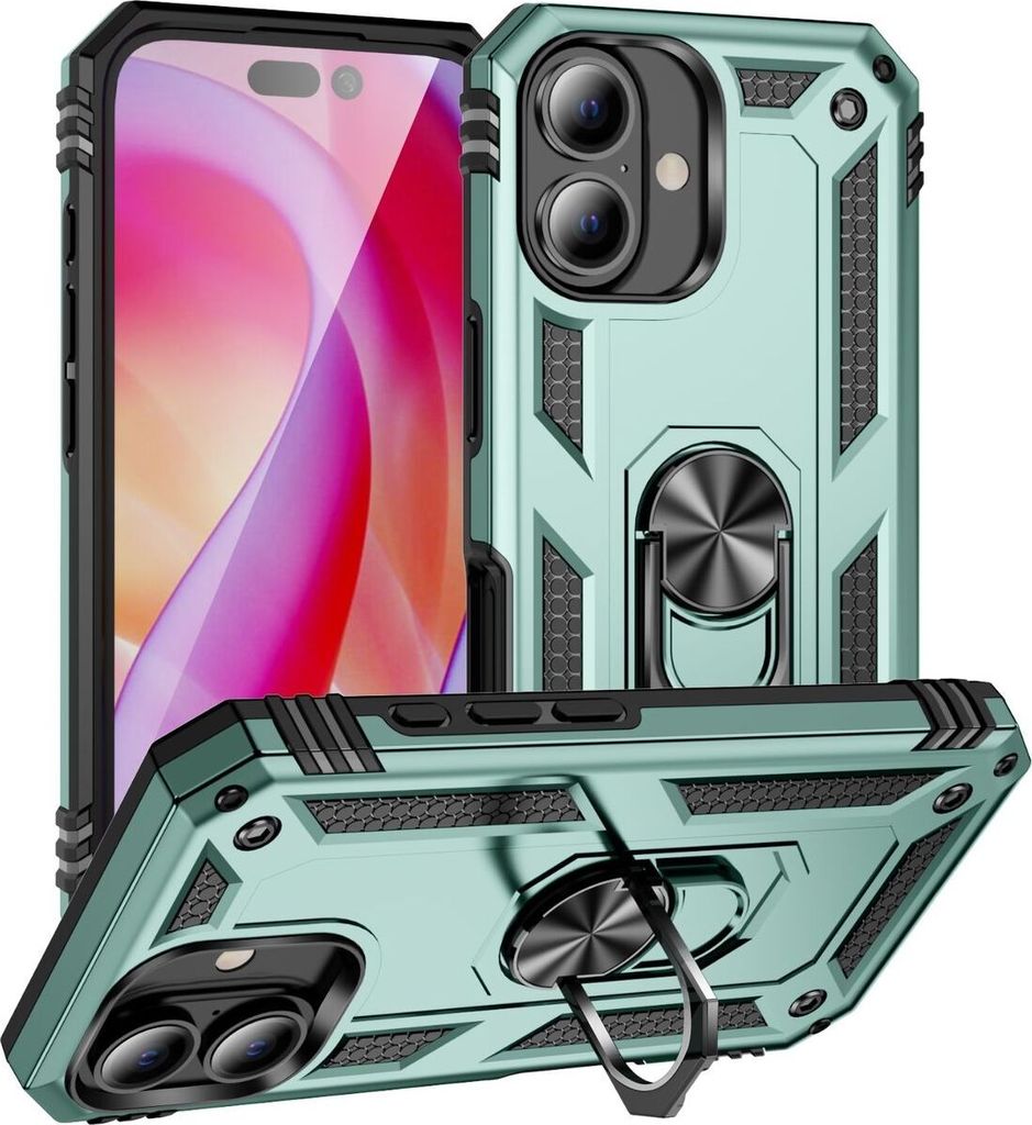 Mobigear Armor Ring iPhone 16 Hülle Hardcase Backcover Stoßfest mit Ringhalter - Grün
