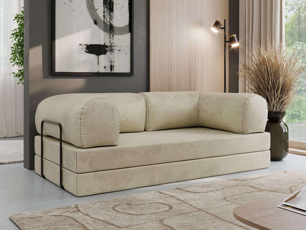 MKS MEBLE Schlafsofa 3-Sitzer ORSETTO 200 cm Sofa mit Schlaffunktion & Metallrahmen Modernes Design Ausziehcouch, HR-Schaum - Beige Velvet