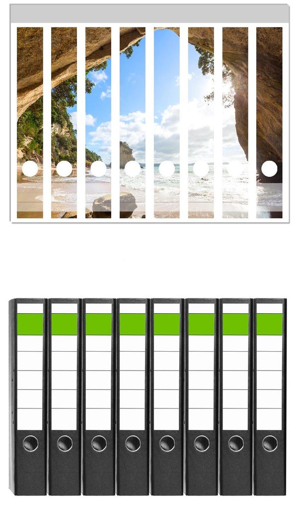 Wallario 8 Stück schmale Ordner inkl. Klebeetiketten mit Motive Felsbogen mit Blick aufs Meer - Set mit Rückenschildern / Ordnerrücken Stickern