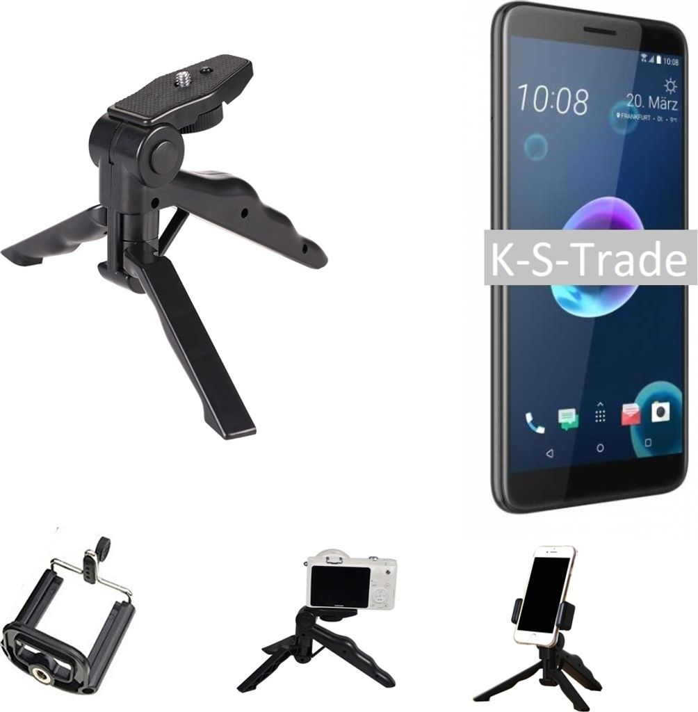 K-S-Trade Stativ Tisch-Ständer Dreibein Handy-Stativ Ständer kompatibel mit HTC Desire 12 Mini-Stativ Smartphone Tripod Handy-Stativ aus Plastik