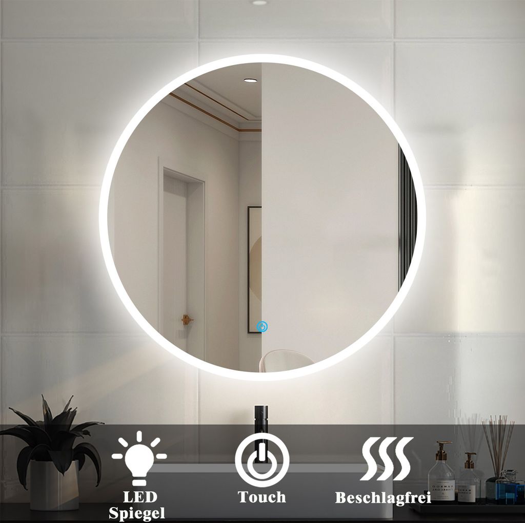 LED Badspiegel Rund 60x60 Cm – Mit Beleuchtung, Touchschalter, Antibeschlag & IP44 Schutz