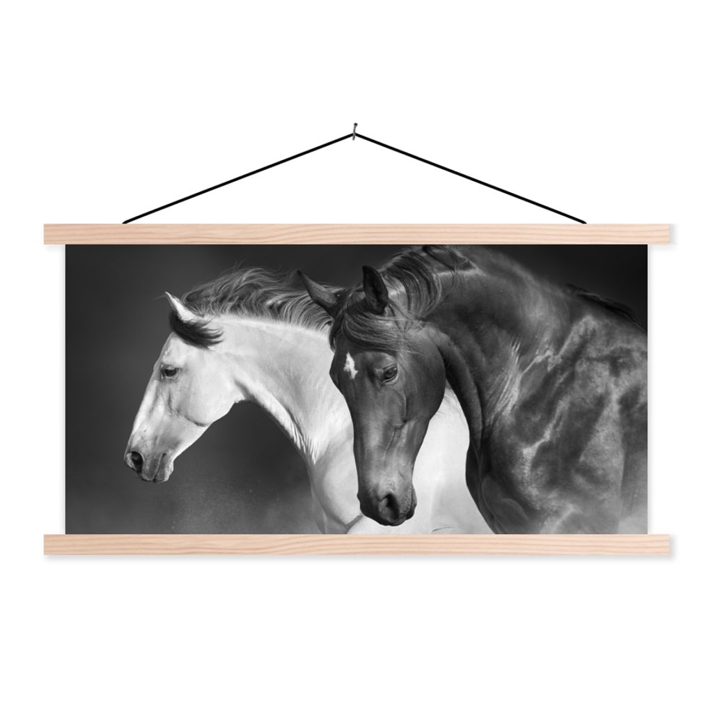 MuchoWow Textilposter Pferde - Tiere - Schwarz - Weiß - Porträt 60x30 cm mit holzfarbenen Rahmen - Dekoration