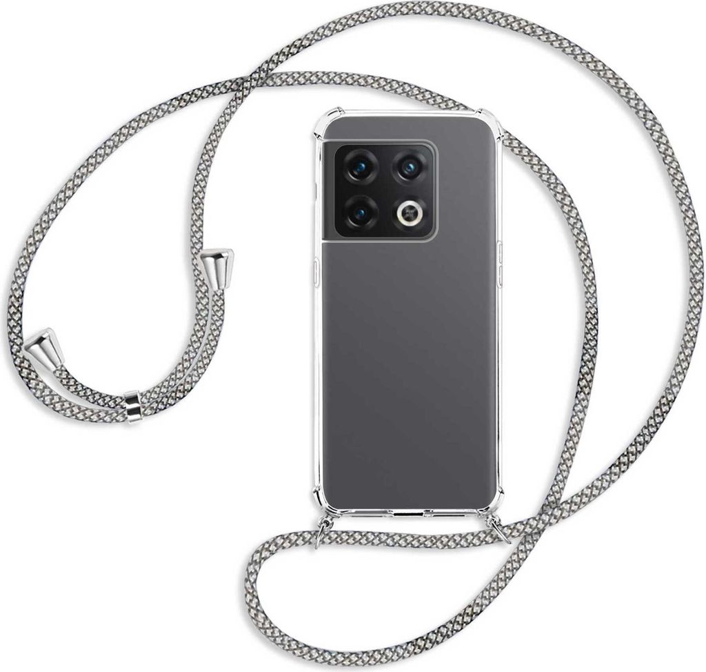 Handykette Backcover-Schutzhülle mit Band (Metall silberfarben) für OnePlus 10 Pro 5G - weiß/grau kariert
