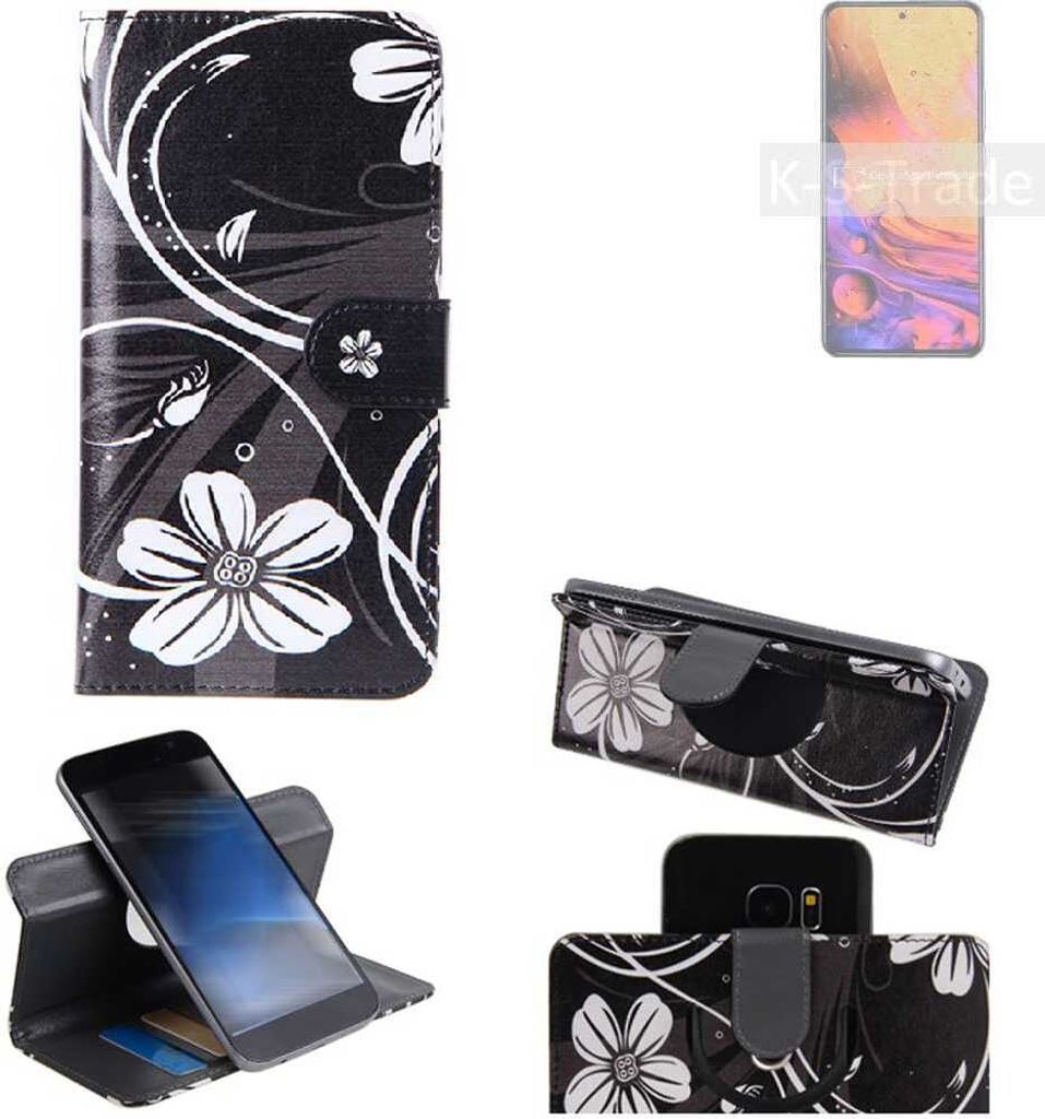K-S-Trade Schutzhülle Handyhülle kompatibel mit ZTE Axon 30 Pro Hülle 360° Wallet Case ''Flowers'' Klapphülle Hülle schwarz-weiß 1x