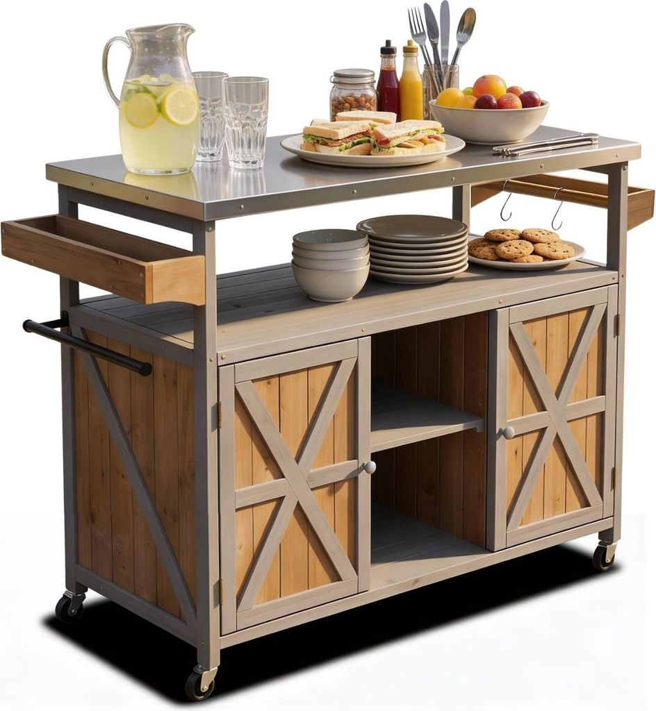 Coemo Servierwagen Grillstation James L Grau Kücheninsel Holz, auf Rollen 138 x 47 x 92 cm