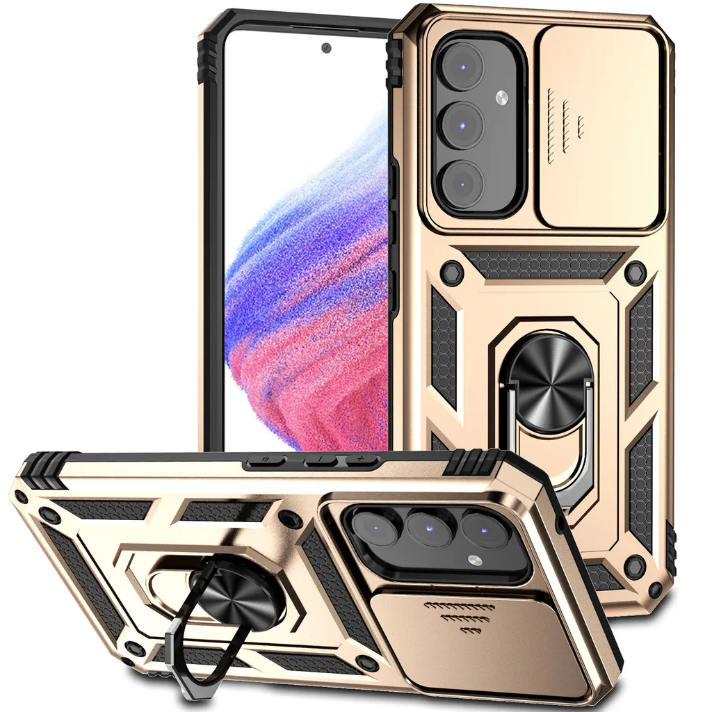 Custodia per Samsung Galaxy A54 a doppio strato con copertura scorrevole della fotocamera e supporto ad anello Oro