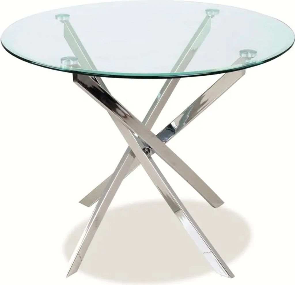 A clear studio shot of a round glass-top table with a chrome base.