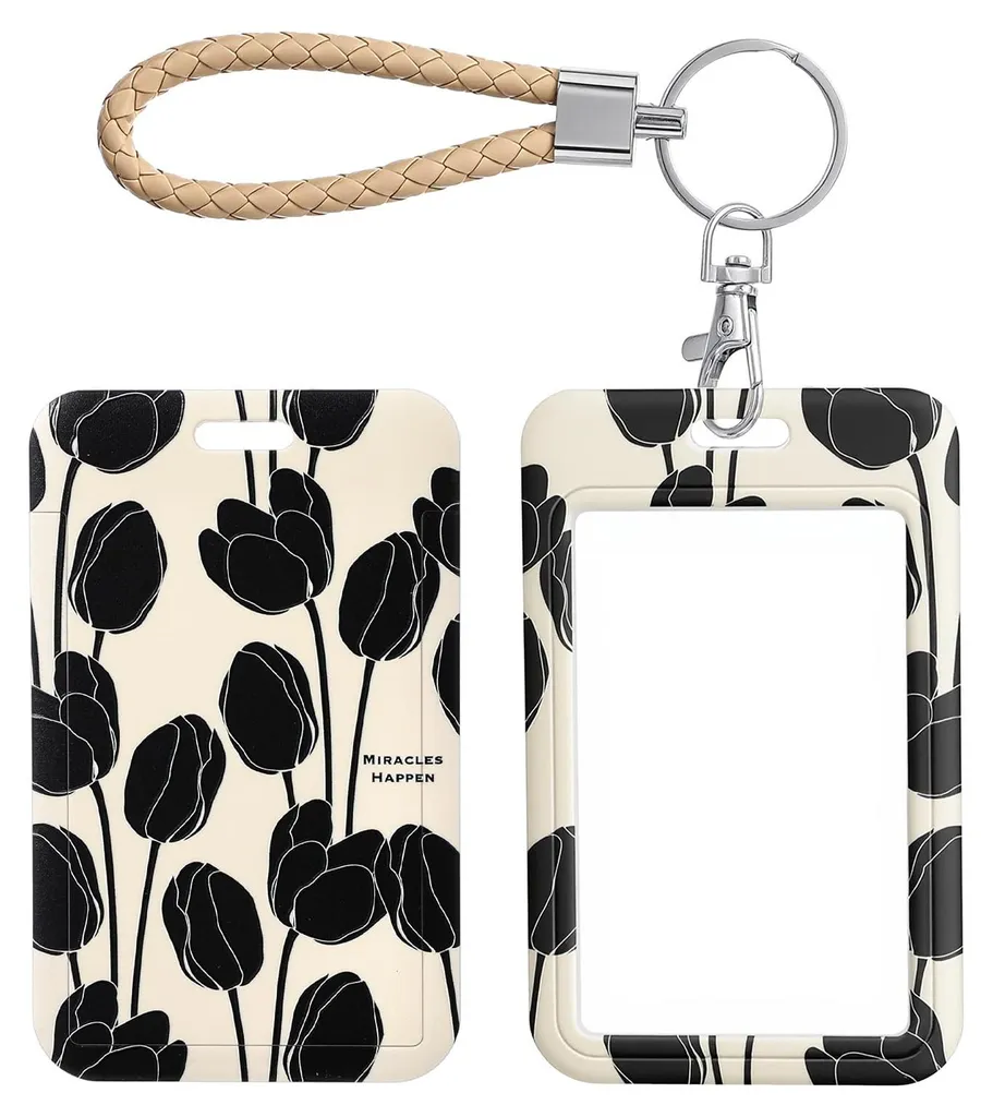 Étui rigide anti-perte pour cartes avec bracelet et motif tulipes