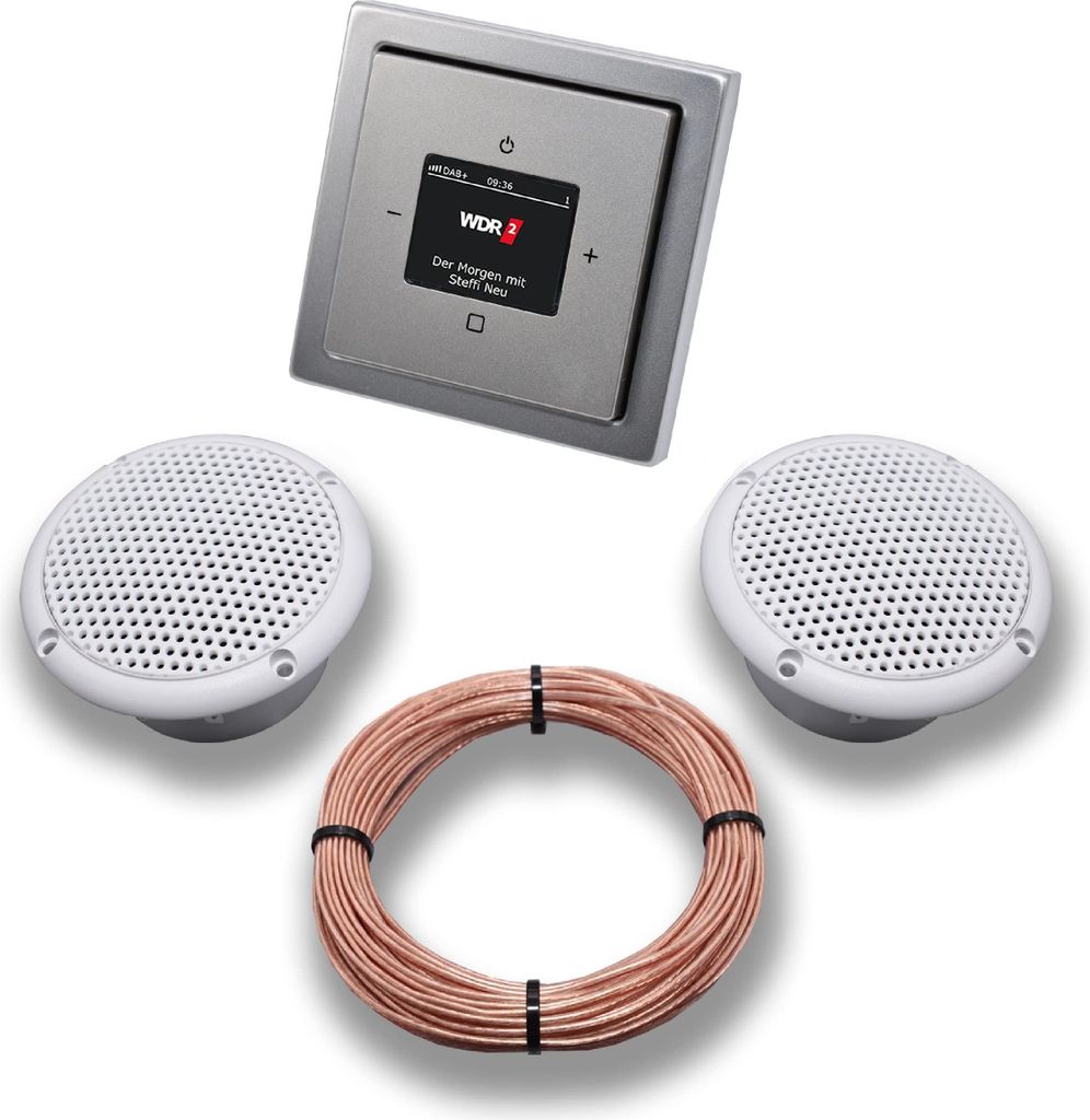 Busch Jäger DAB+ Unterputz Unterputzradio DAB Plus 8215 U – 101 PUR Edelstahl - Komplettset + 2 x Deckenlautsprecher Feuchtraum Badezimmer + 20 ...