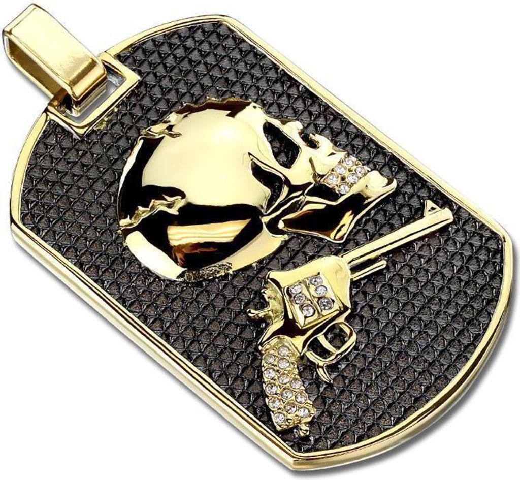 Anhänger Dog Tag mit Skull und Revolver gold aus Edelstahl Uni