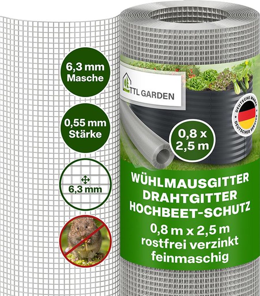TTL GARDEN Wühlmausgitter 2,5x0,8m – verzinkt 6,3mm Masche Produktbild 