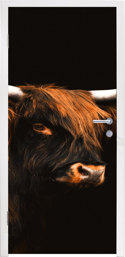 MuchoWow Türtapete Selbstklebende Türfolie Kuh - Schottischer Highlander - Schwarz 90x215 cm Türposter Türaufkleber Klebefolie Türklebefolie...