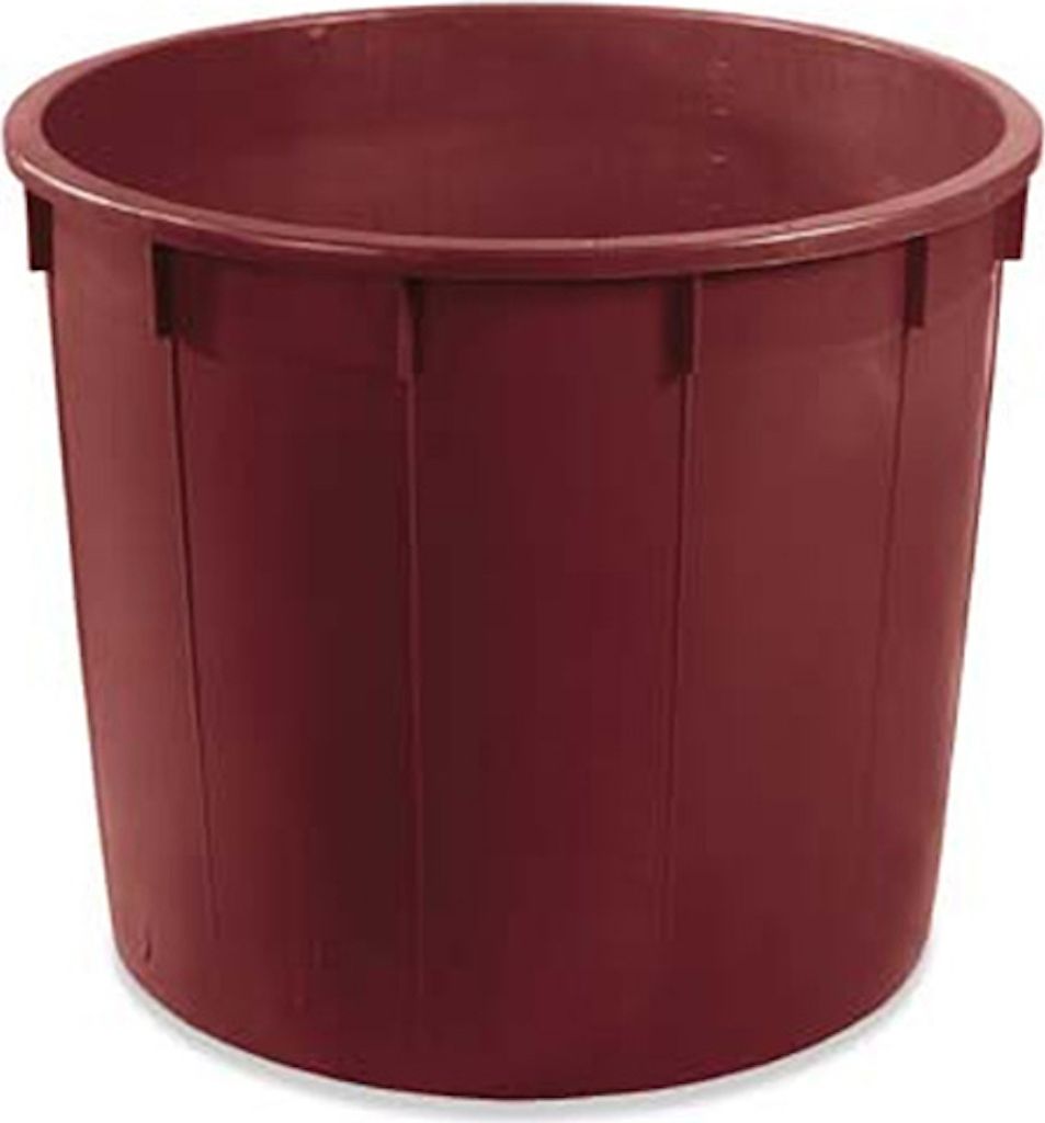 A maroon plastic fermentation bucket with vertical ridges.