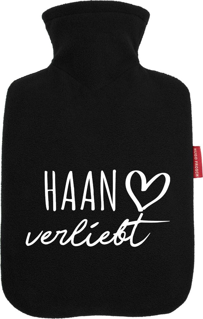 Huuraa Wärmflasche Haan verliebt 1,8 Liter Black Classic Veloursbezug Bettflasche Geschenkidee