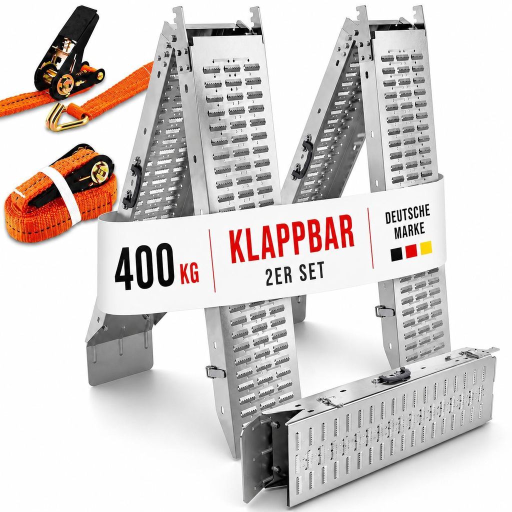 ONBEST Auffahrrampen | klappbar | mit Spanngurte | 2er Set | 400 kg belastbar | Tragegriff 22x160cm | 1,5mm Stahl | PKW