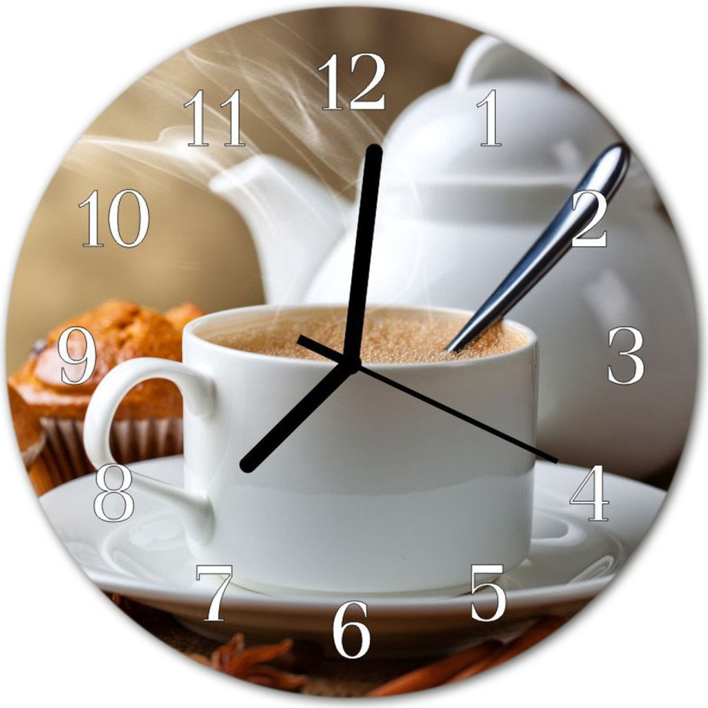 Glasuhr Wanduhr Küchenuhr Echt-Glas 30fi cm Tasse weiß