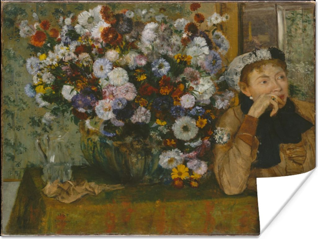 MuchoWow Poster Sitzende Frau neben einer Vase mit Chrysanthemen - Gemälde von Edgar Degas 40x30 cm - Plakate für die Wände - Poster Wohnzimmer