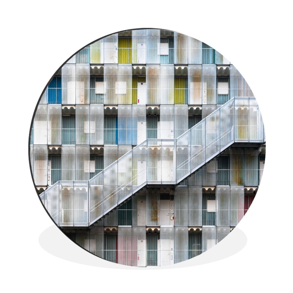 MuchoWow Aluminium Wandkreis Türen - Wohnungen - Treppen - Farbenfroh Ø 90 cm Wanddeko Modern Wohnzimmer - Mauerkreis - Wandbilder - Runde Bild...