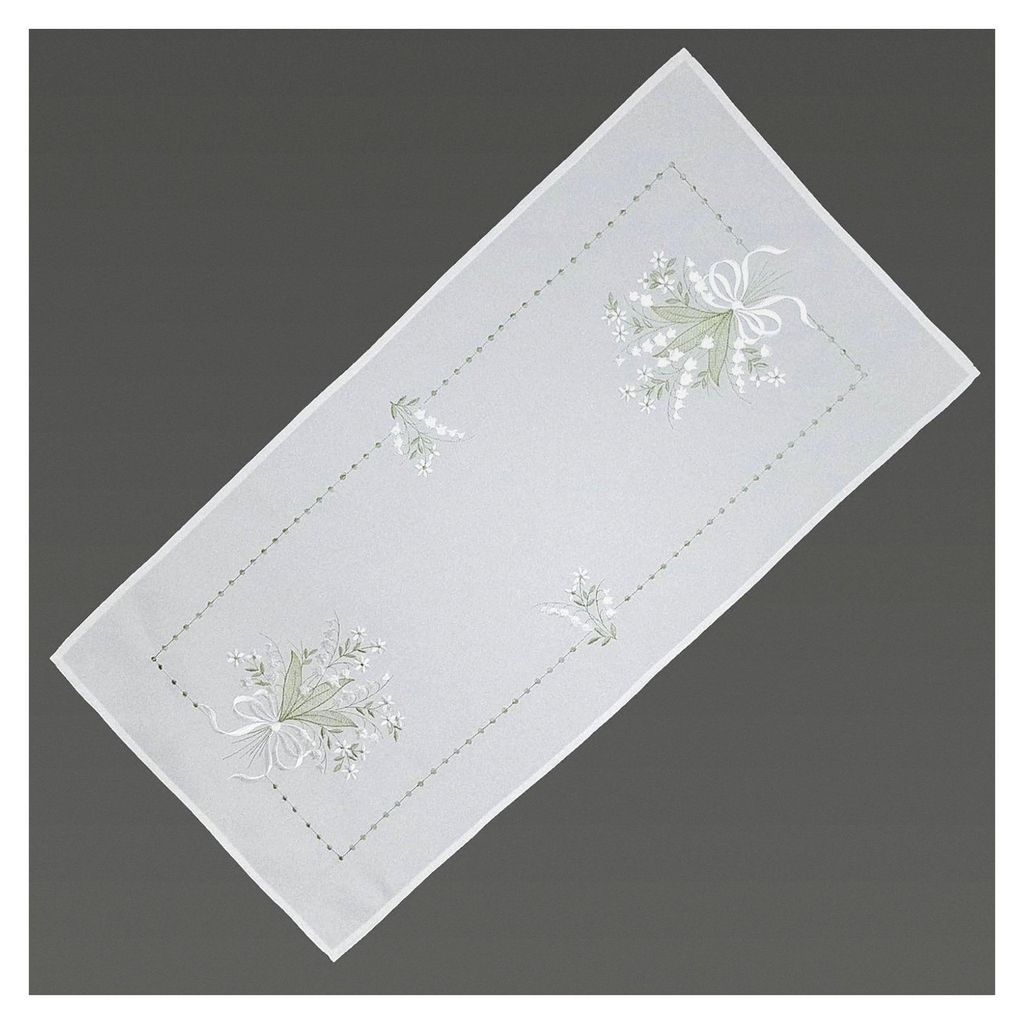 Tischläufer 40 x 90 cm mit Maiglöcken-Stickerei in Weiß und Grün für Ostern und Frühling