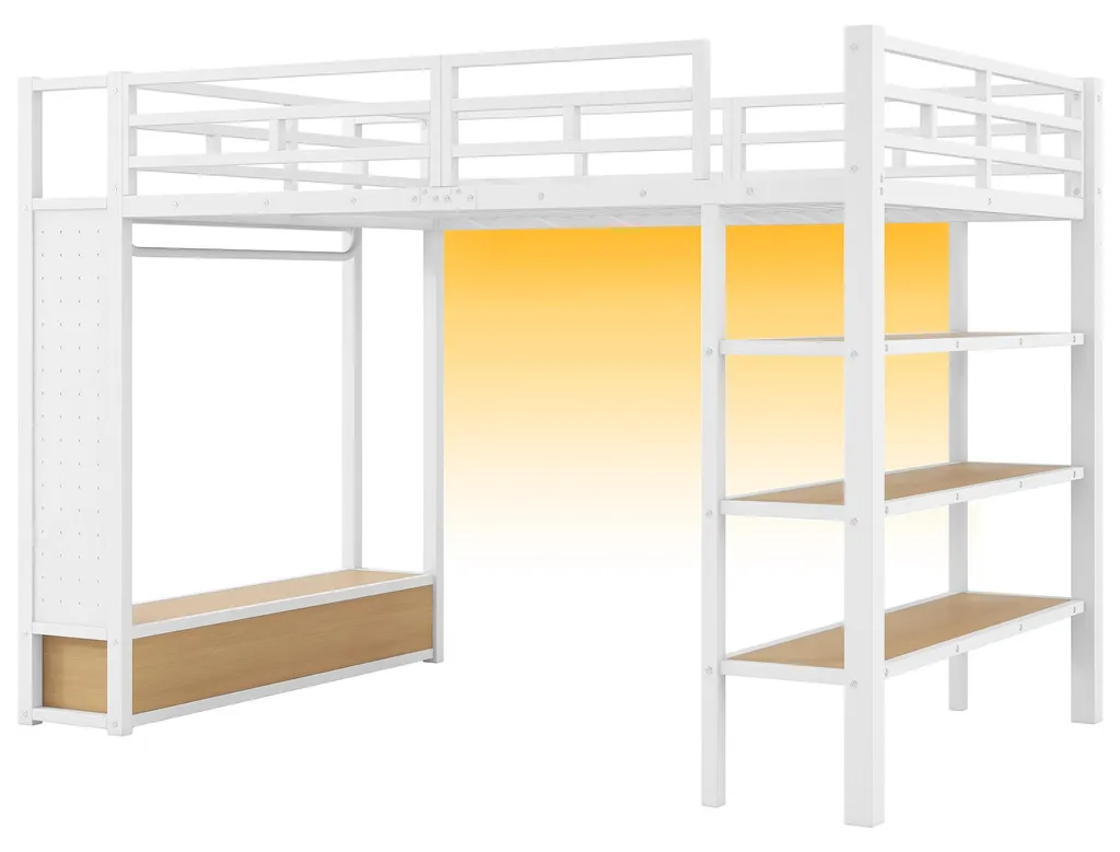 Lit superposé avec armoire et panneau perforé LED 140x200 cm blanc
