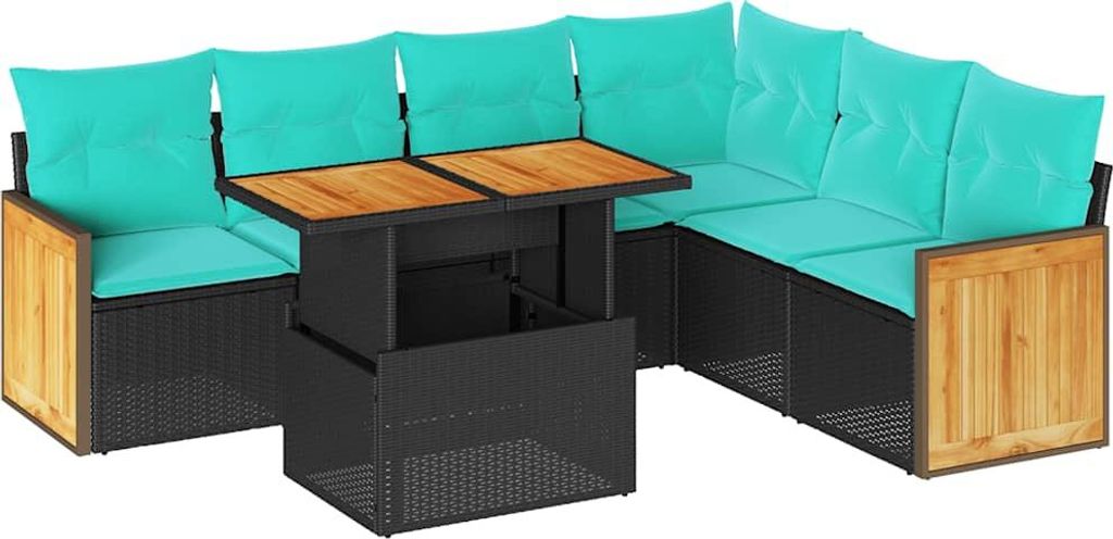 7-tlg. Garten-Sofagarnitur mit Kissen Schwarz Poly Rattan