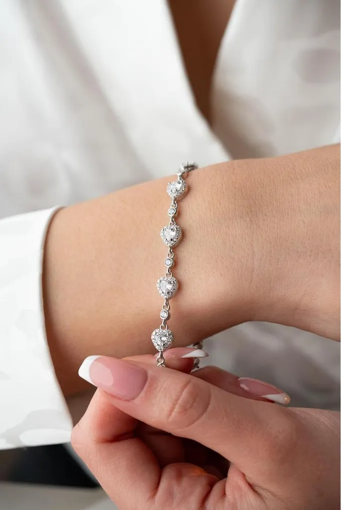 Bracelet Gourmette Femme en Argent Véritable 925 Cœur Zircon Blanc