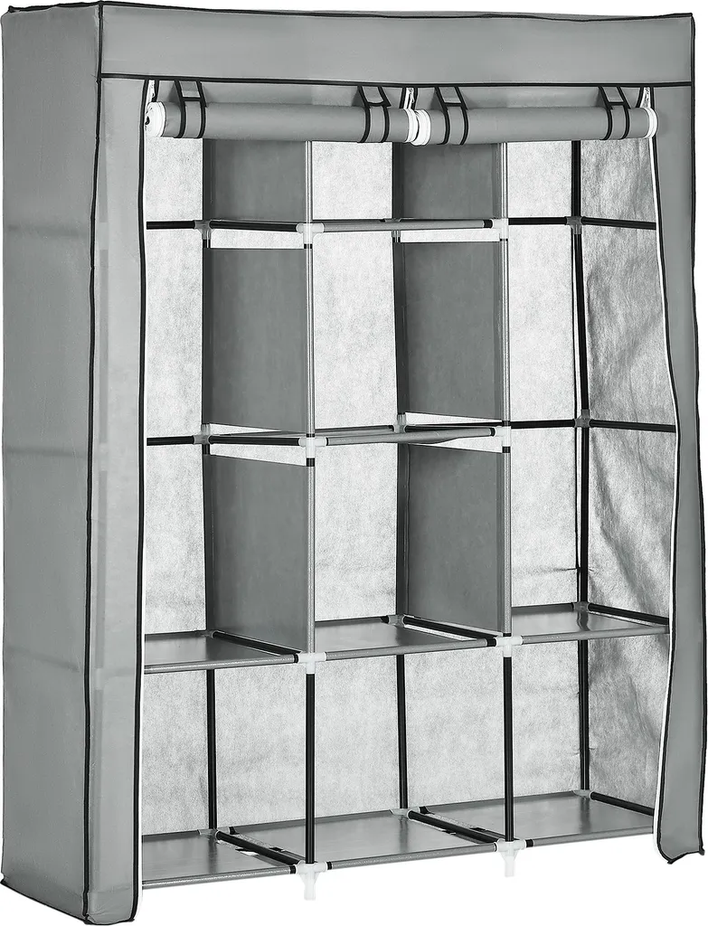 Armoire de rangement textile avec tringle et 8 compartiments gris