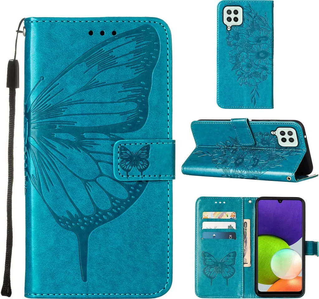 Custodia Samsung A22 4G Economica Blu Farfalla Pelle Flip Wallet Stand