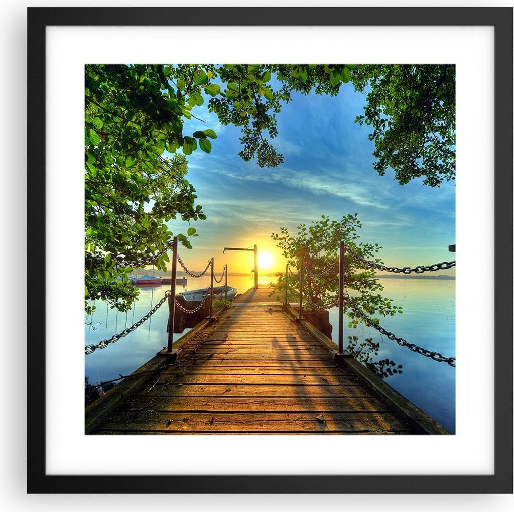 Gerahmtes Poster - Schwarzer Rahmen - See Sonnenuntergang Boot Landschaft - 40x40 cm - Wand Bild - Wanddeko - Wandbilder - Wandposter - Bilderrahme...