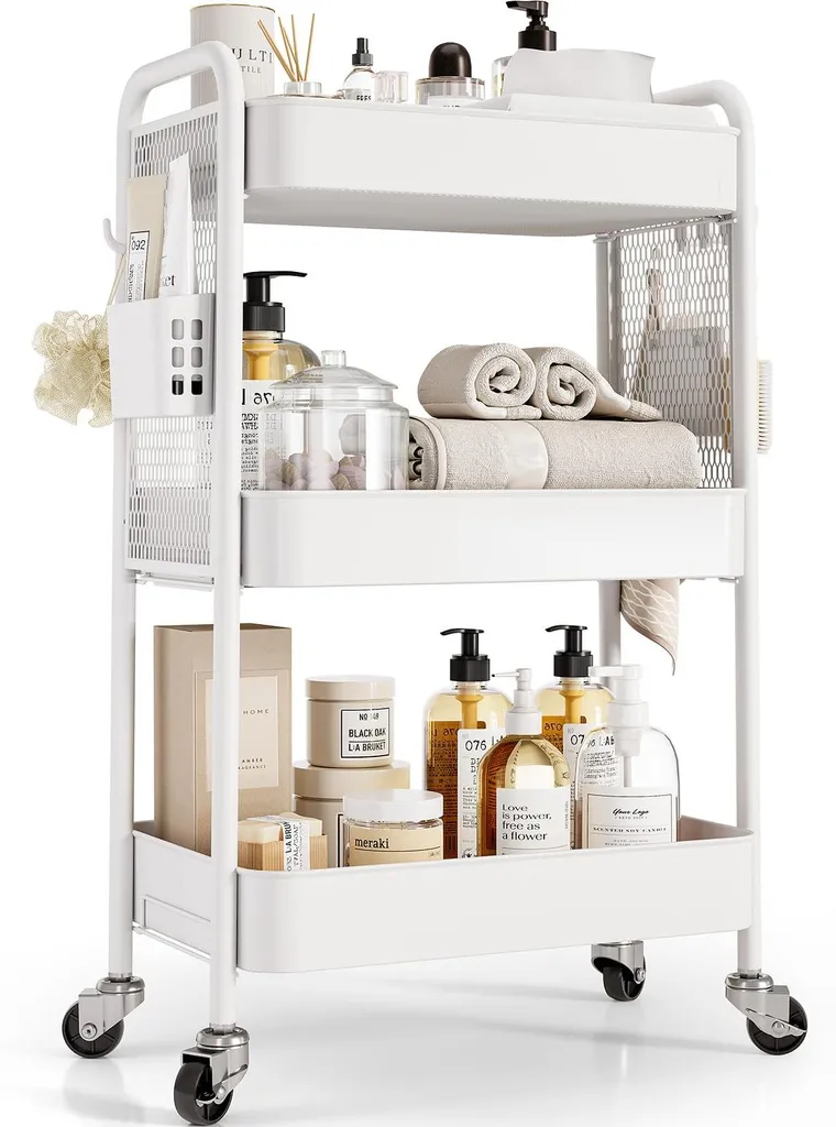 Étagère de rangement polyvalente à 3 niveaux avec crochets - Blanc