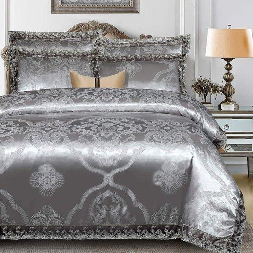 Graues Bettwäscheset, 200 x 200 cm, Jacquard-Überwurf, elegant, 3-teilige Stoff, Bettwäsche, grau mit Kissenbezügen.