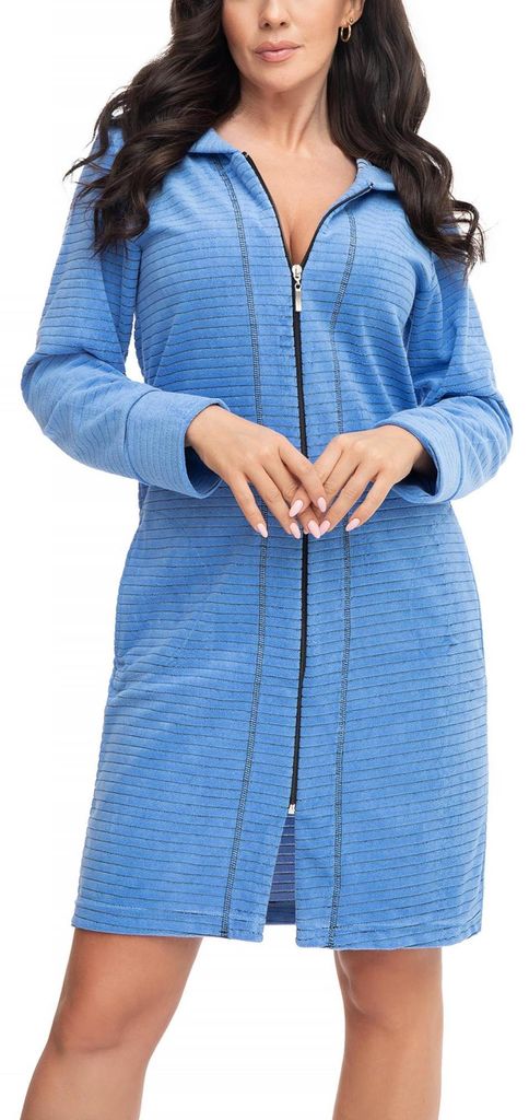 Aquarti Damen Bademantel Morgenmantel mit Reißverschluss Streifen Kurz Baumwolle, Farbe: Streifenmuster Türkis, Größe: XL