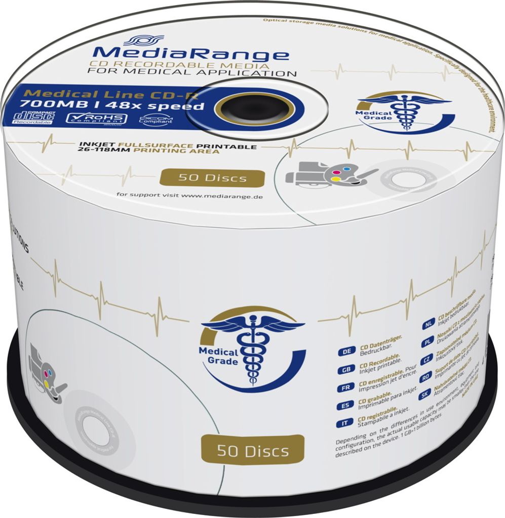 MediaRange CD-R 700MB|80 Minuten Druck 52x Geschwindigkeit, 100 Stück in Folie