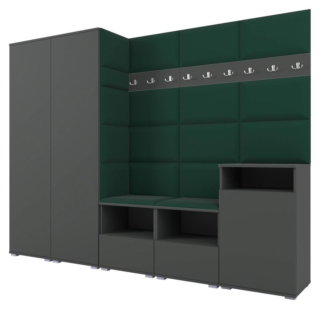 Garderobe NELA VIII 250 cm Modulare Flurmöbel Graphit mit Sitzpolster Flaschengrün 28 (2 Schränke + Sideboard)