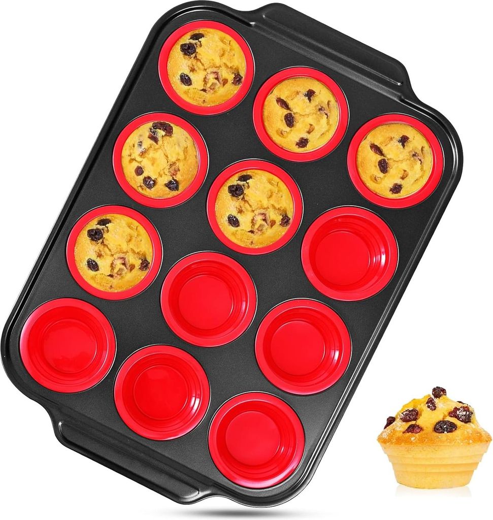 Muffinform Silikon mit Metallrahmen, Muffin Backblech 40 x 27 cm, beschichtet, Standardgr??e, Cupcake Formen, Muffinblech fš¹r 12 Muffins, Rot