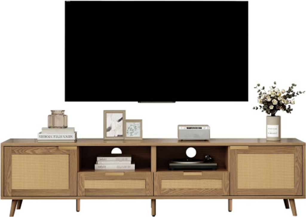 TV-Schrank,TV-Boards Einfachheit Design TV-Ständer, Massivholz Füße TV-Ständer, Rattan TV-Panel 200*37*49 cm