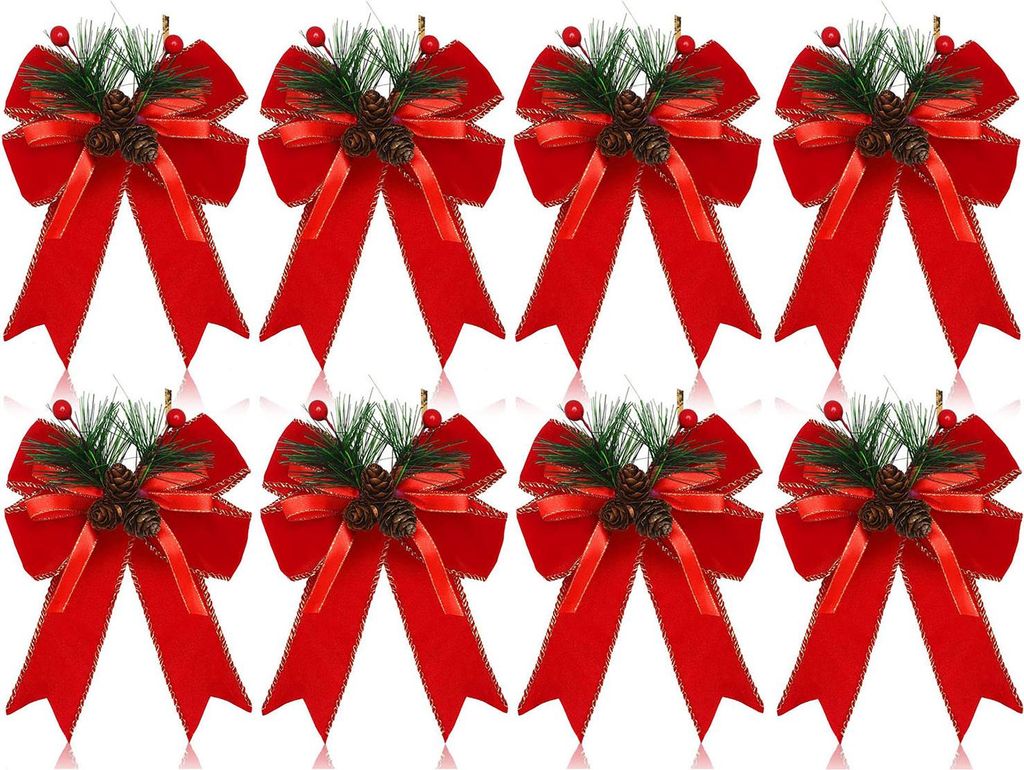 Weihnachtsschleifen mit Tannenzapfen, Tannennadeln und kariertem Schleifenband – Christbaumkranz-Dekoration zum Verpacken von Geschenken
