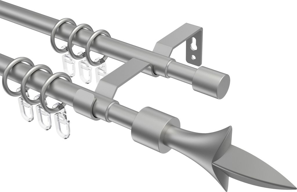 A double curtain rod system with rings and finials, shown against a white background.