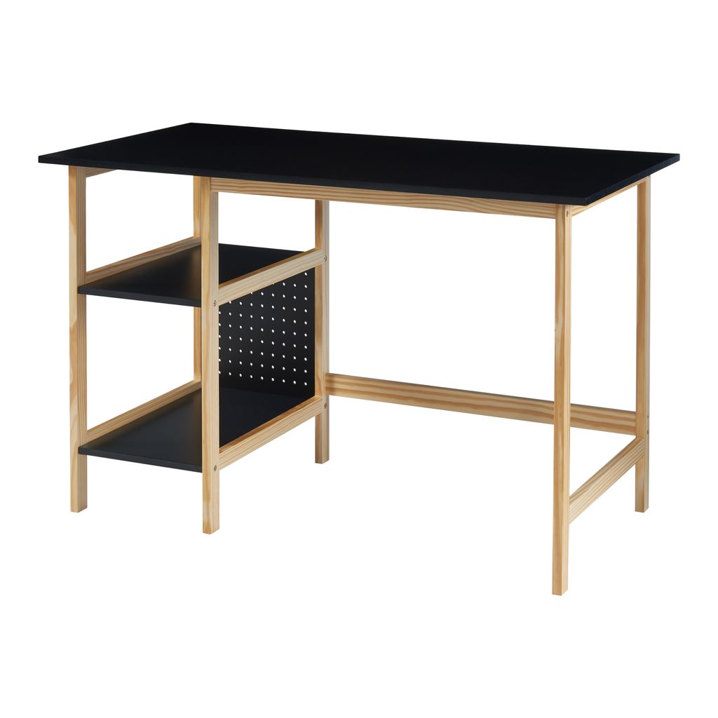 A black and wood-colored desk with shelves on a white background.
